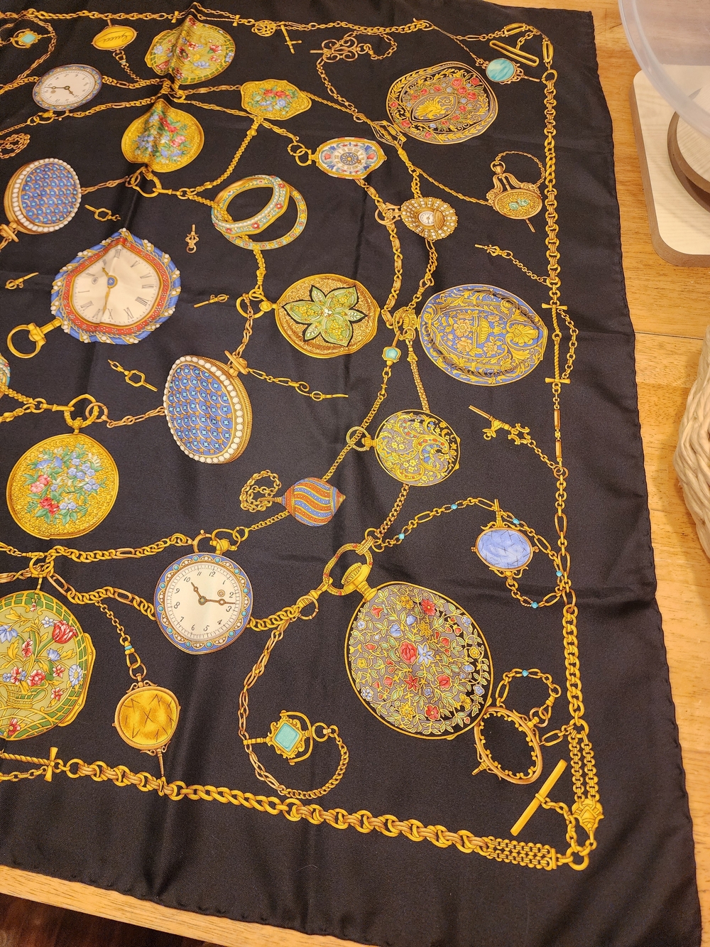 vintage Gucci silk scarf featuring an intricate pocket watch gold chain motif